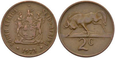 ЮАР 2 цента 1973 герб, антилопа гну KM 83 бронза 67-332