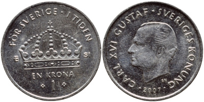 Швеция 1 крона 2007 Карл XVI Густав (1973- ) KM 894 медно-никель 176-234