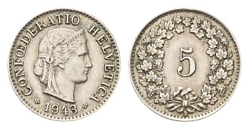 Швейцария 5 раппенов 1943 B KM 26 медно-никель 4705-1236