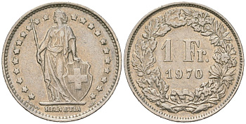 Швейцария 1 франк 1970 KM 24a.1 медно-никель 216-856