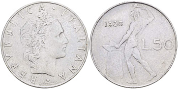 ИТАЛИЯ 50 ЛИР 1960 R, КУЗНЕЦ, ВУЛКАН БОГ ОГНЯ, ДИАМЕТР 25 ММ., РЕДКИЙ ГОД ПО КРАУЗЕ VF-10 KM 95.1 нержавеющая сталь 4448-244