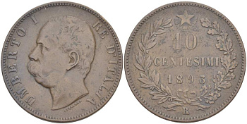 ИТАЛИЯ 10 ЧЕНТЕЗИМО 1893 R, МОНДВОР РИМ, УМБЕРТО I (1878-1900) KM 27.2 медь 4526-926