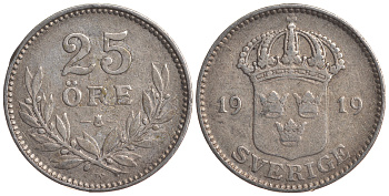 Швеция 25 эре 1919 W, Густав V (1907-1950) KM 785 серебро 4179-838
