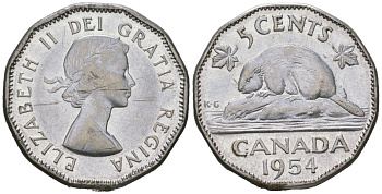 Канада 5 центов 1954 Елизавета II (1952-2022), бобер KM 50 хромированная сталь aUNC 4621-259
