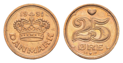 Дания 25 эре 1991 Маргрете II (1972-2024) KM 868 бронза UNC 4651-457
