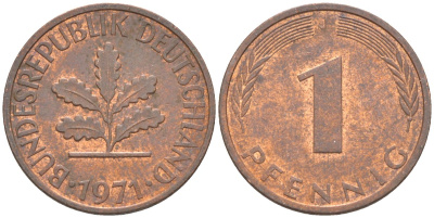 ФРГ 1 пфенниг 1971 J KM 105, J.380 сталь плакированная медью 187-427