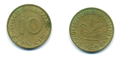 ФРГ 10 ПФЕННИГОВ 1969 G KM 108, J 383 сталь плакированная латунью 80-314