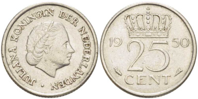 НИДЕРЛАНДЫ 25 ЦЕНТОВ 1950 ЮЛИАНА (1948-1980) KM 183 никель 214-914