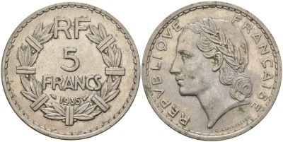 Франция 5 франков 1935 KM 888 никель 4144-414