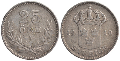 Швеция 25 эре 1919 W, Густав V (1907-1950) KM 785 серебро 4179-838