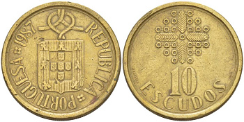 ПОРТУГАЛИЯ 10 ЭСКУДО 1987 KM 633 никель латунь 4551-1032