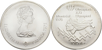 Канада 10 долларов 1975 XXI летние Олимпийские игры в Монреале 1976 года, индеец KM 102 серебро UNC 02-252-41