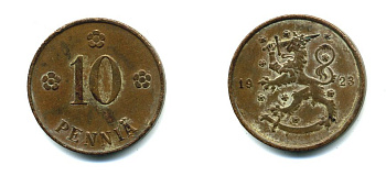 Финляндия 10 пенни 1923 республика (1918-1962) KM 24 медь 46-839