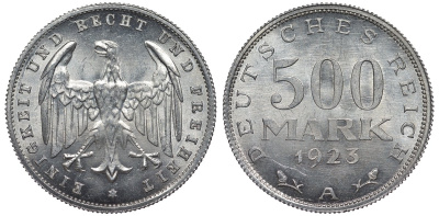 Германия 500 марок 1923 А KM 36, J.305 алюминий UNC 4587-521
