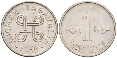 ФИНЛЯНДИЯ 1 МАРКА 1958 KM 38а железо плакированное никелем 192-1215