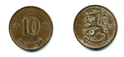 Финляндия 10 пенни 1923 республика (1918-1962) KM 24 медь 46-839