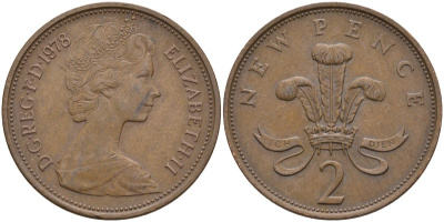 Великобритания 2 пенса 1978 Елизавета II (1952-2022) KM 916, Spink 4235 (C1) бронза 4587-914