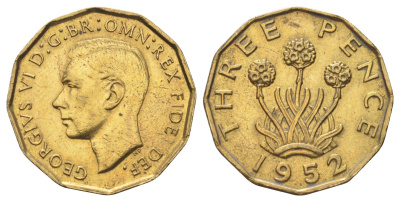 Великобритания 3 пенса 1952 Георг VI (1936-1952) KM 873, Spink 4113 никель латунь aUNC 4707-1054