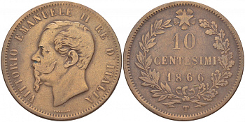 ИТАЛИЯ 10 ЧЕНТЕЗИМО 1866 Т, ВИКТОР ЭММАНУИЛ II (1861-1878) KM 11.6 медь 4545-231