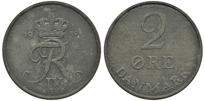 Дания 2 эре 1959 C;S, Фредерик IX (1947-1972) KM 840.2 цинк 4114-533