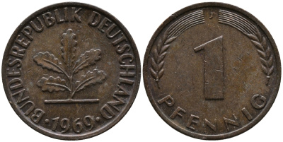 ФРГ 1 пфенниг 1969 J KM 105, J.380 сталь плакированная медью 99-311