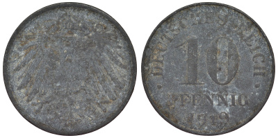 Германия 10 пфеннигов 1919 KM 26, J. 299, Weege 8 цинк 4119-1126