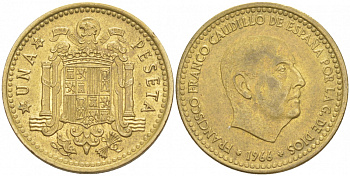 ИСПАНИЯ 1 ПЕСЕТА 1966 (70) ФРАНСИСКО ФРАНКО ДИКТАТОР ИСПАНИИ (1939-1975) КМ 796 алюминиевая бронза 68-147