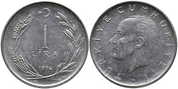 Турция 1 лира 1974 Мустафа Кемаль Ататюрк KM 889а.2 нержавеющая сталь 4178-1021