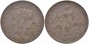 ФРАНЦИЯ 5 САНТИМОВ 1898 ТИП ДАНИЭЛЬ ДЮПЮИ KM 842, LE FRANC 119.5 бронза 108-814