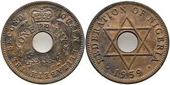 Нигерия 1 пенни 1959 Елизавета II (1952-), Британский протекторат KM 2 бронза 51-1733