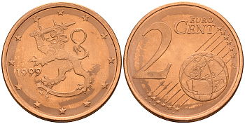 Финляндия 2 евроцента 1999  KM 99 сталь плакированная медью  UNC  4160-315