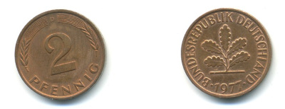 ФРГ 2 пфеннига 1977 D KM 106a, J. 381a сталь плакированная медью 4379-313