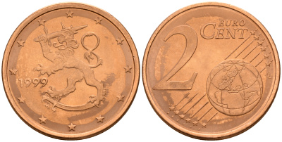 Финляндия 2 евроцента 1999  KM 99 сталь плакированная медью  UNC  4160-315