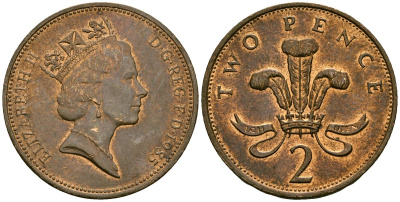 Великобритания 2 пенса 1985 Елизавета II (1952-2022) KM 936, Spink 4376 (C3) бронза 4167-531