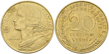 Франция 20 сантимов 1981 тип Марианна KM 930 медь алюминий никель 4116-534