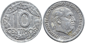 Испания 10 сентимо 1959 Франсиско Франко (1939-1975) KM 790 алюминий 4392-465