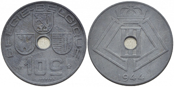 БЕЛЬГИЯ 10 САНТИМОВ 1944 BELGIE-BELGIQUE KM 126 цинк 4448-222