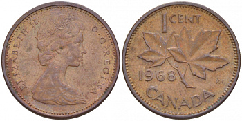 Канада 1 цент 1968 Елизавета II (1952-2022), кленовый лист KM 59.1 бронза 3457-1254