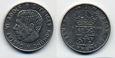 Швеция 1 крона 1973 Густав VI Адольф (1950-1973) KM 826а медь плакированная медно-никелем 25-951
