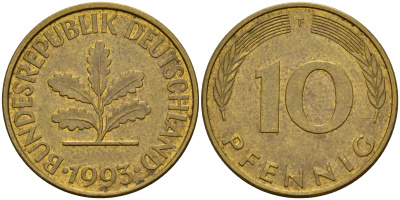 ФРГ 10 пфеннигов 1993 F J. 383, KM 108 сталь плакированная латунью    4603-647