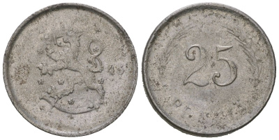 Финляндия 25 пенни 1945 S KM 25b железо 4115-362