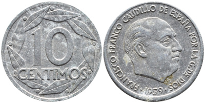 Испания 10 сентимо 1959 Франсиско Франко (1939-1975) KM 790 алюминий 4392-465
