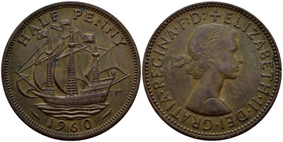 Великобритания 1/2 пенни 1960 Елизавета II (1952-2022) KM 896, Spink 4158 бронза 57-412