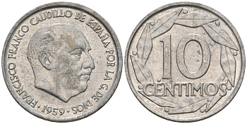 Испания 10 сентимо 1959 Франсиско Франко (1939-1975) KM 790 алюминий 4602-1223