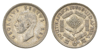 ЮАР 6 пенсов 1950 Георг VI (1936-1952) KM 36.1 серебро 4623-657