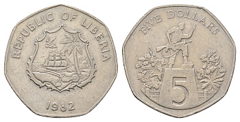 Либерия 5 долларов 1982 KM 44 медно-никель 4672-1025