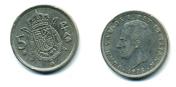 Испания 5 песет 1975 (78) Хуан Карлос I (1975-2014) KM 807 медно-никель 25-2035