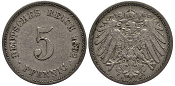 ГЕРМАНИЯ 5 ПФЕННИГОВ 1892 E KM 11, Jager 12, Weege 6 медно-никель 4547-331