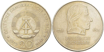 ГДР 20 марок 1972 А, Фридрих Шиллер (1759-1805) KM 40 медно-никель 4521-641