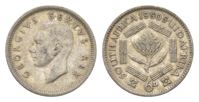 ЮАР 6 пенсов 1950 Георг VI (1936-1952) KM 36.1 серебро 4623-657